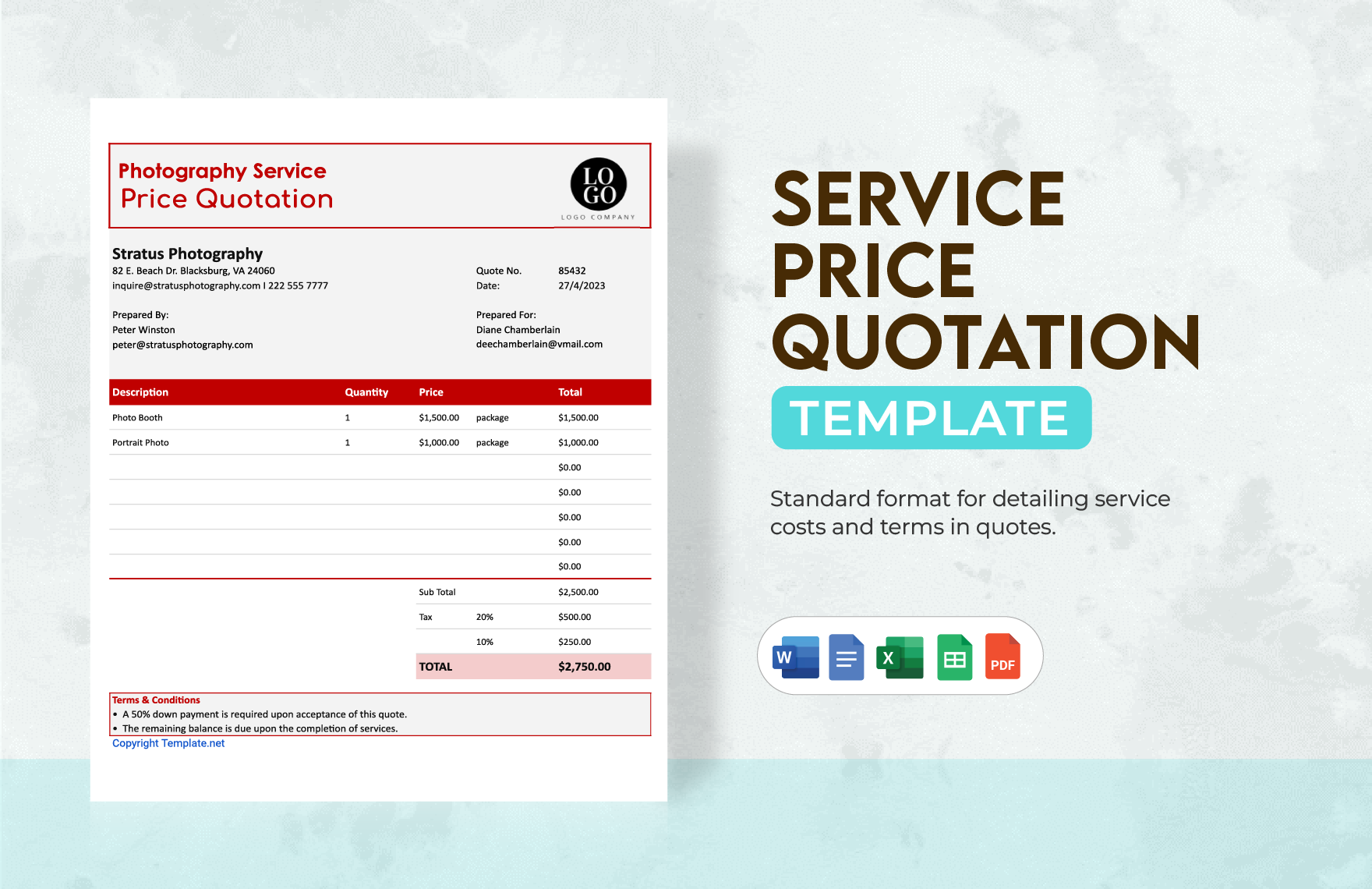 Service Price Quotation Template in Word, Google Docs, Excel, PDF, Google Sheets