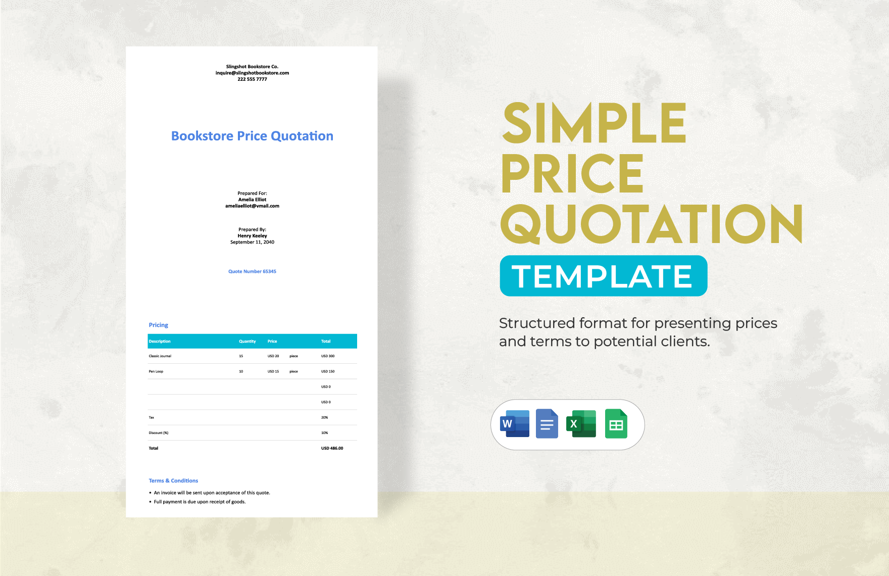 Simple Price Quotation Template in Word, Google Docs, Excel, Google Sheets