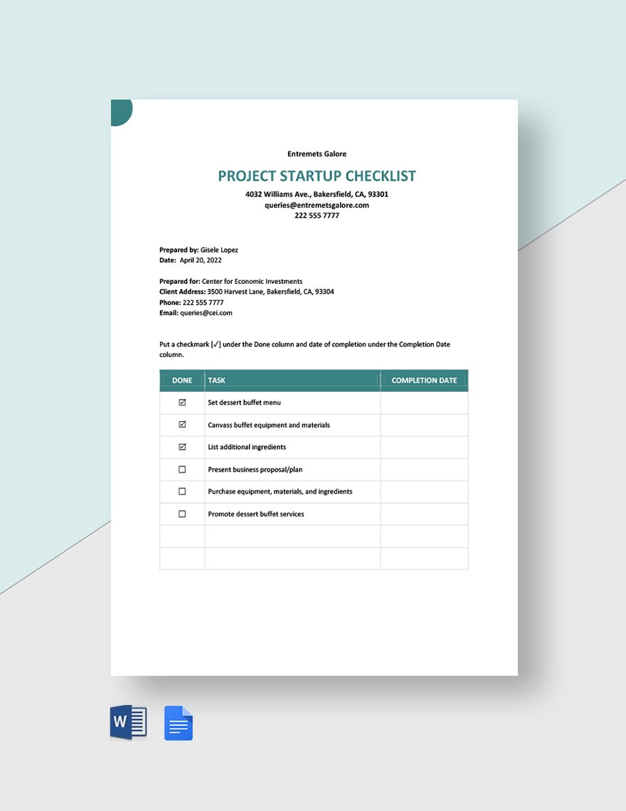 Editable Project Startup Checklist Template