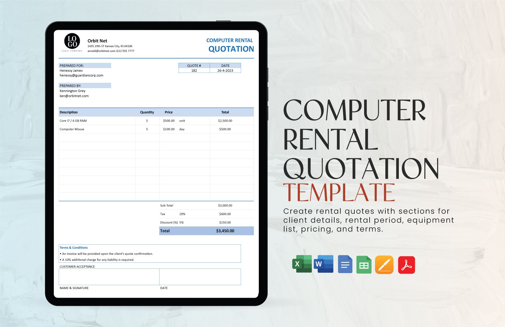 Computer Rental Quotation Template in Word, Google Docs, Excel, PDF, Google Sheets, Apple Pages
