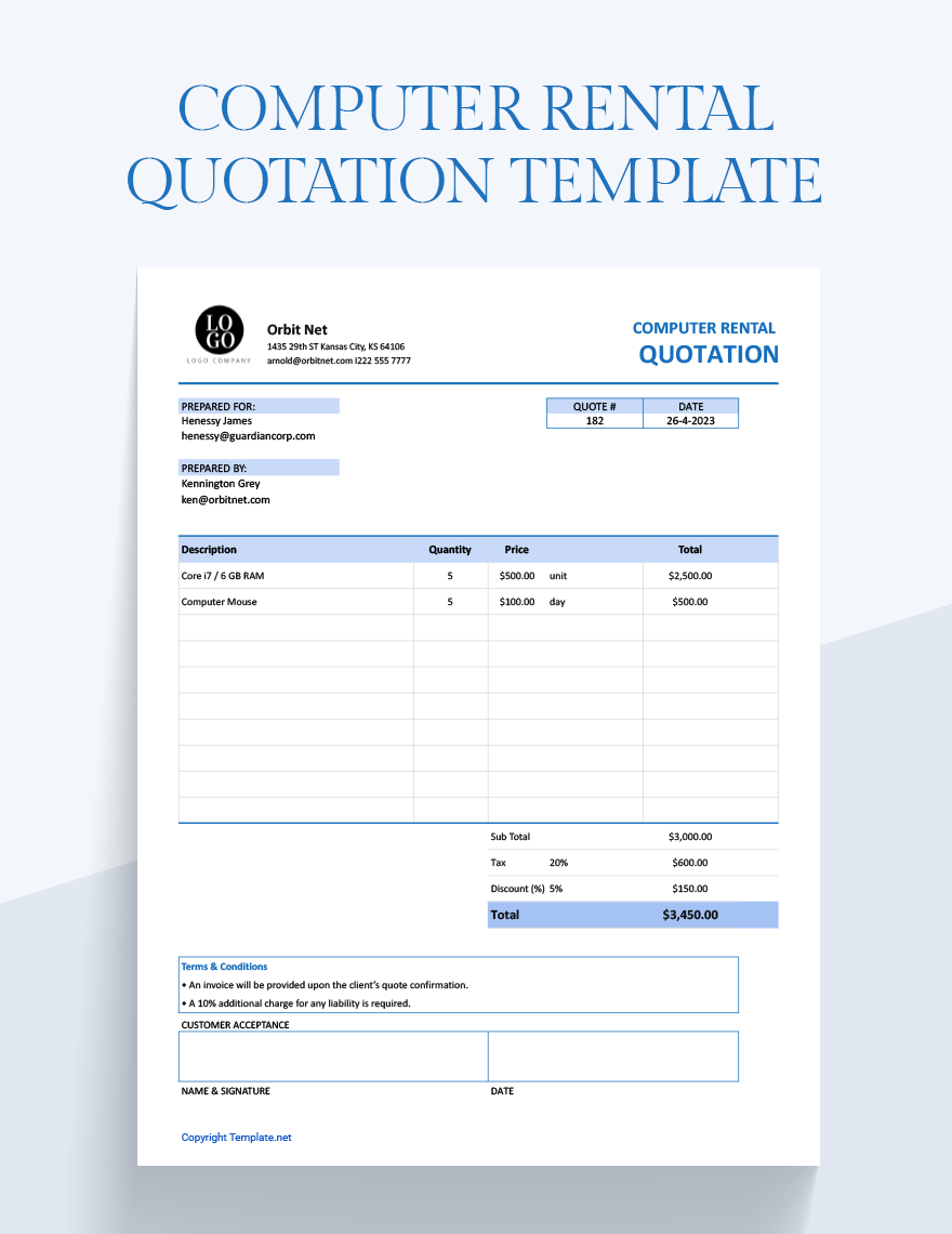 Computer Rental Quotation Template in Word, Google Docs, Excel, Google Sheets, Apple Pages