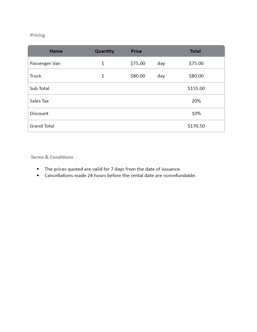 Vehicle Hire Quotation Template Google Docs, Google Sheets, Excel