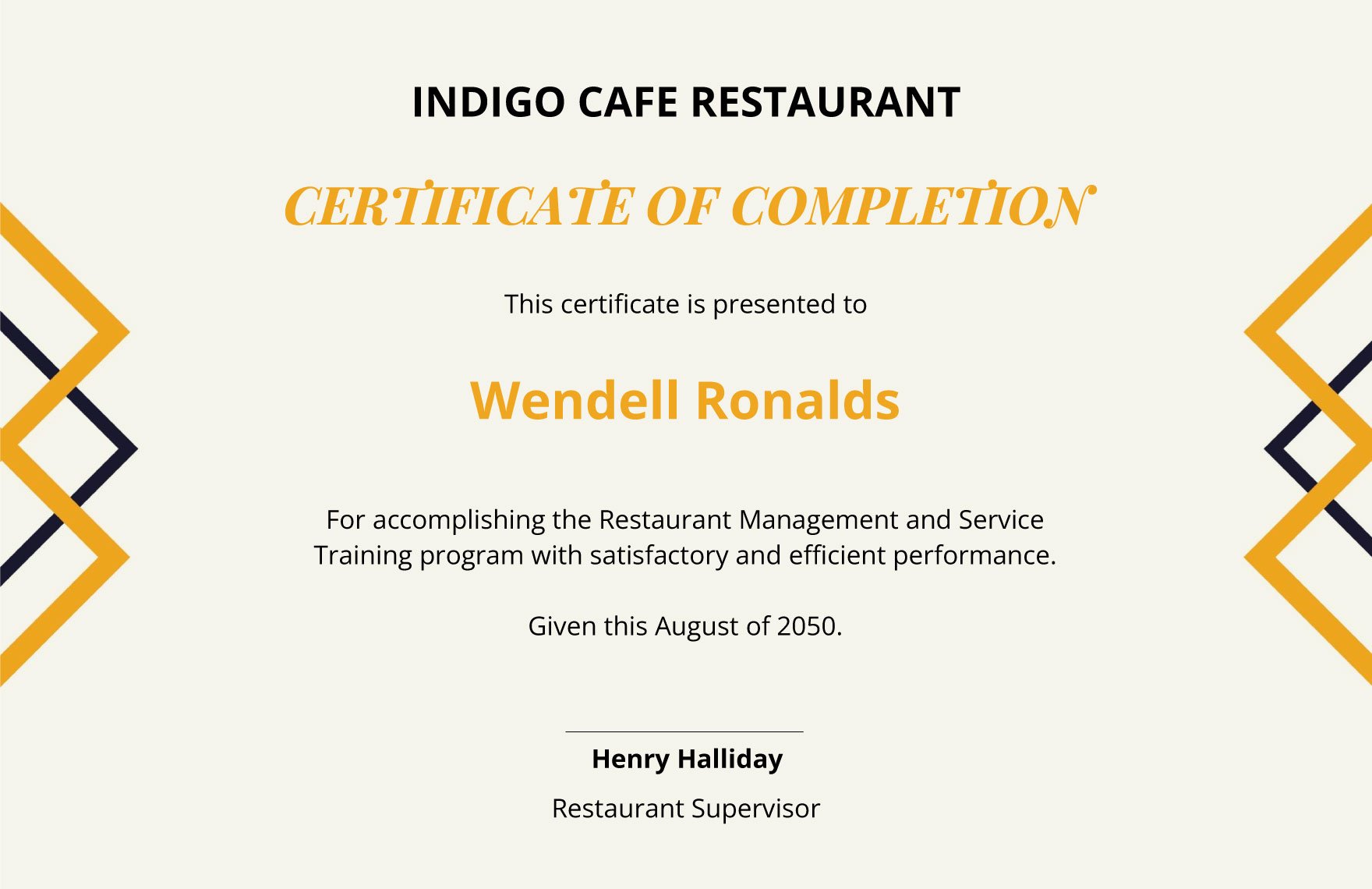 Restaurant Experience Certificate Template