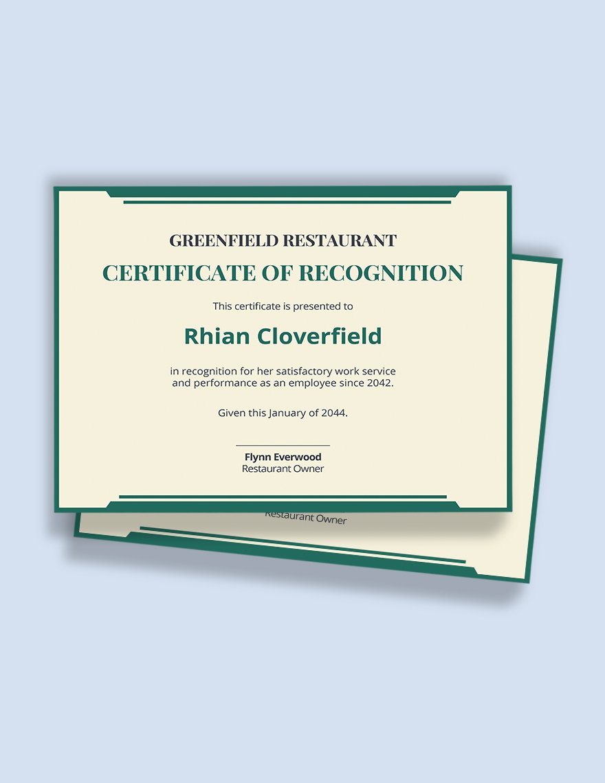 Restaurant Certificate 