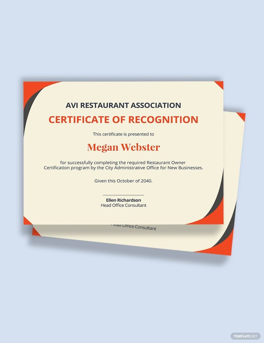 Restaurant Owner Certificate Template