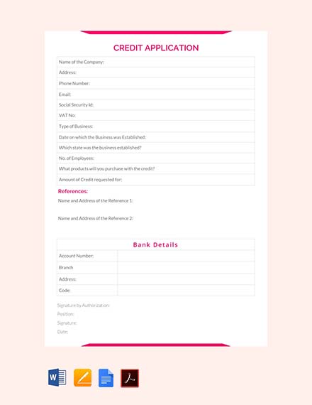 Credit Application Template - Word, Apple Pages, PDF