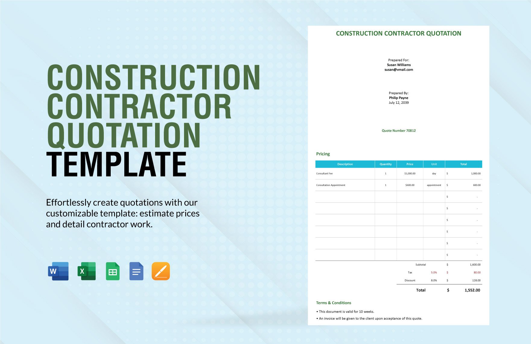 Construction Contractor Quotation Template in Word, Google Docs, Excel, Google Sheets, Apple Pages