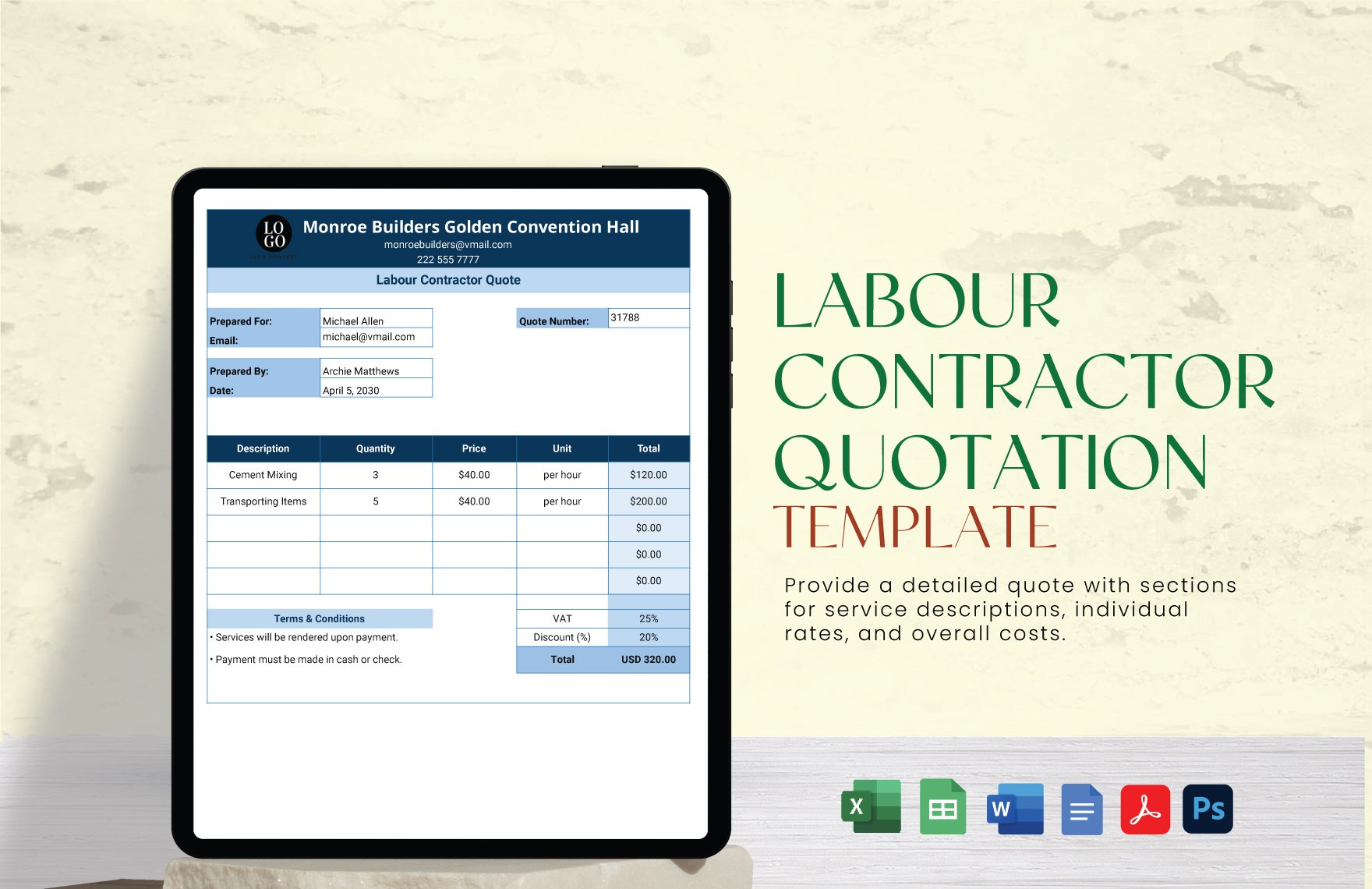 Free Labour Contractor Quotation Template in Word, Google Docs, Excel, PDF, Google Sheets, PSD