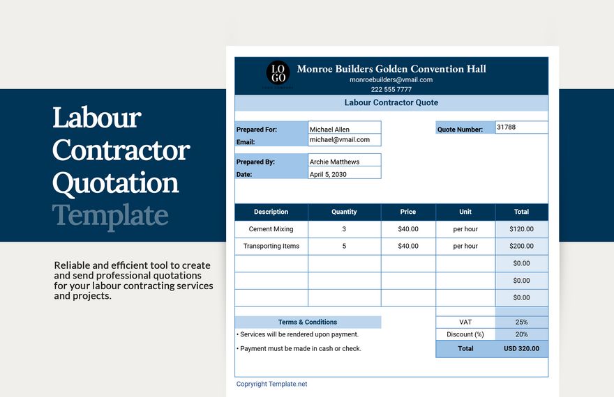 Free Labour Contractor Quotation Template in Word, Google Docs, Excel, PDF, Google Sheets, PSD