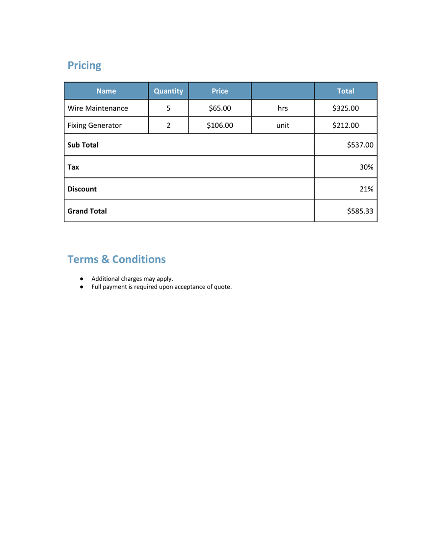 Electrical Work Quotation Template Google Docs, Google Sheets, Excel