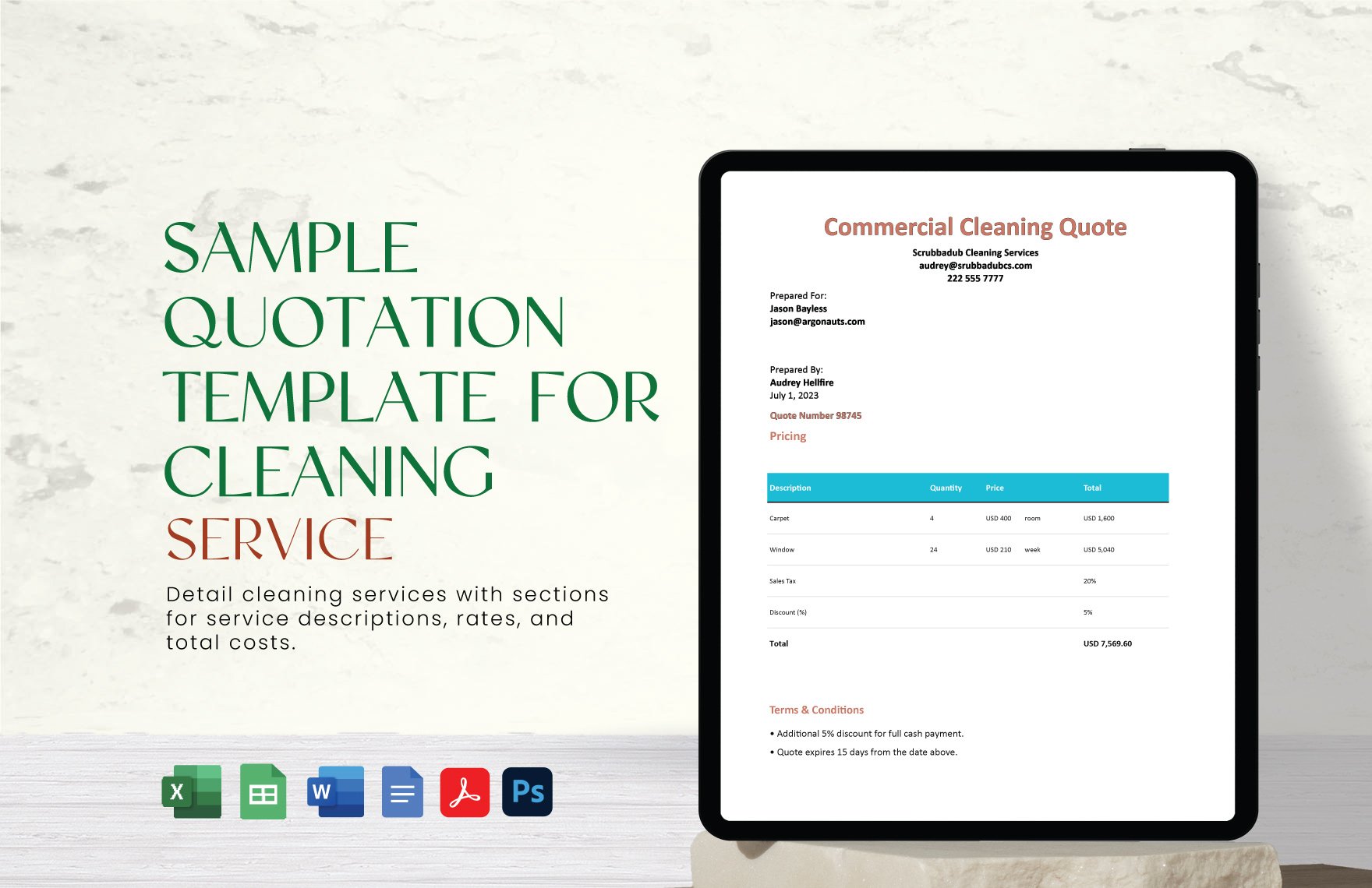 Free Sample Quotation Template For Cleaning Services in Word, Google Docs, Excel, PDF, Google Sheets, PSD