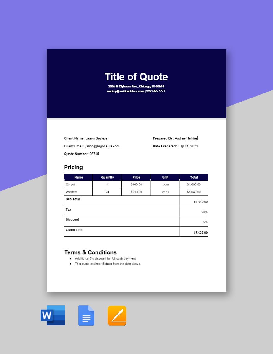 Cleaning Quotation Template Google Docs, Google Sheets, Excel, Word