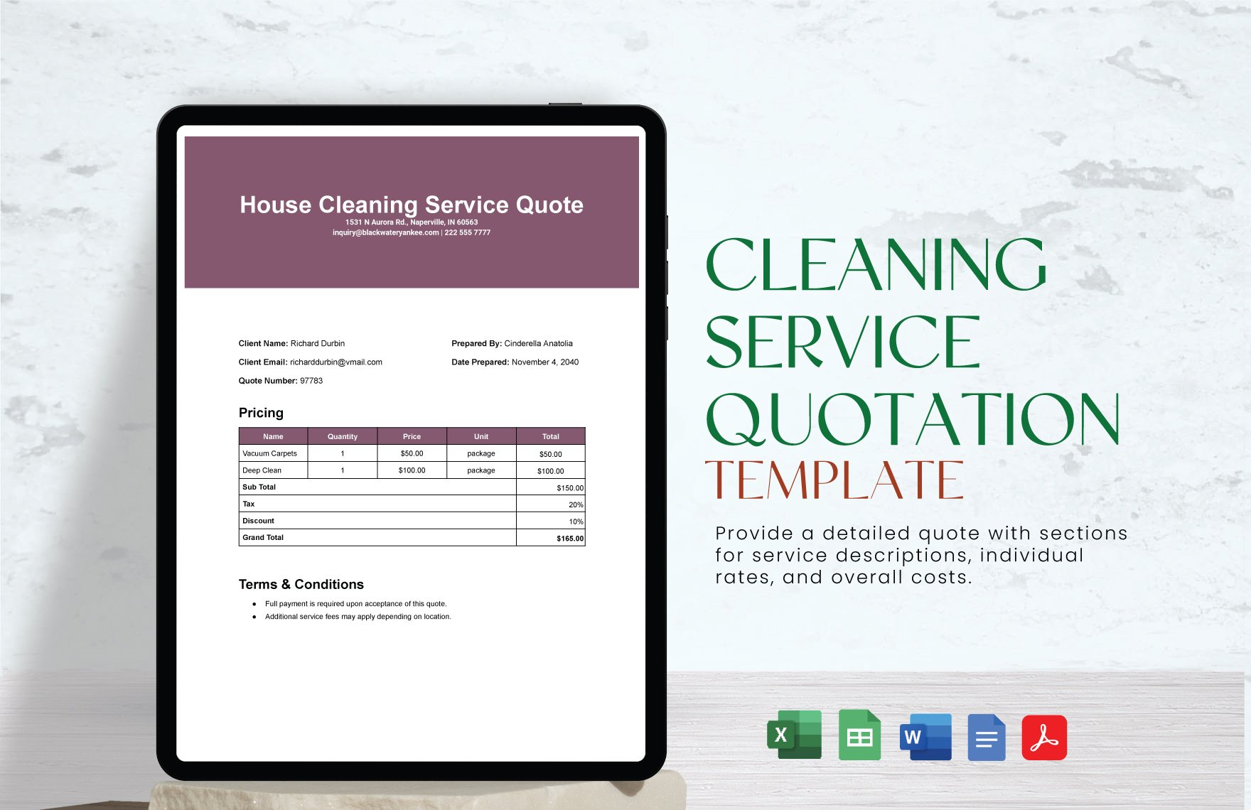Free Cleaning Service Quotation Template in Word, Google Docs, Excel, PDF, Google Sheets