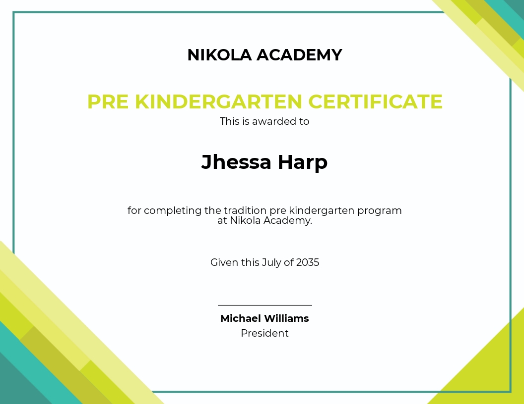 Pre Kindergarten Certificate Template.jpe