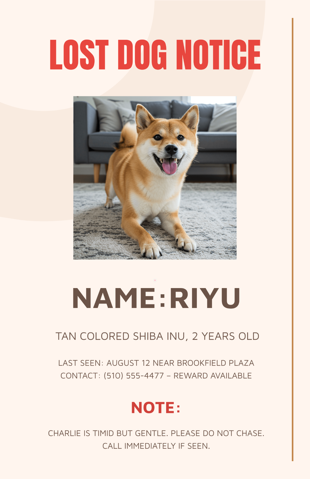 Free Dog Lost Professional Poster with Note Template