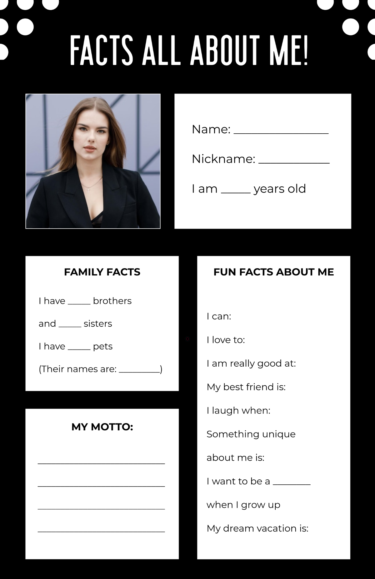 Free Black All About Me Facts Poster Template