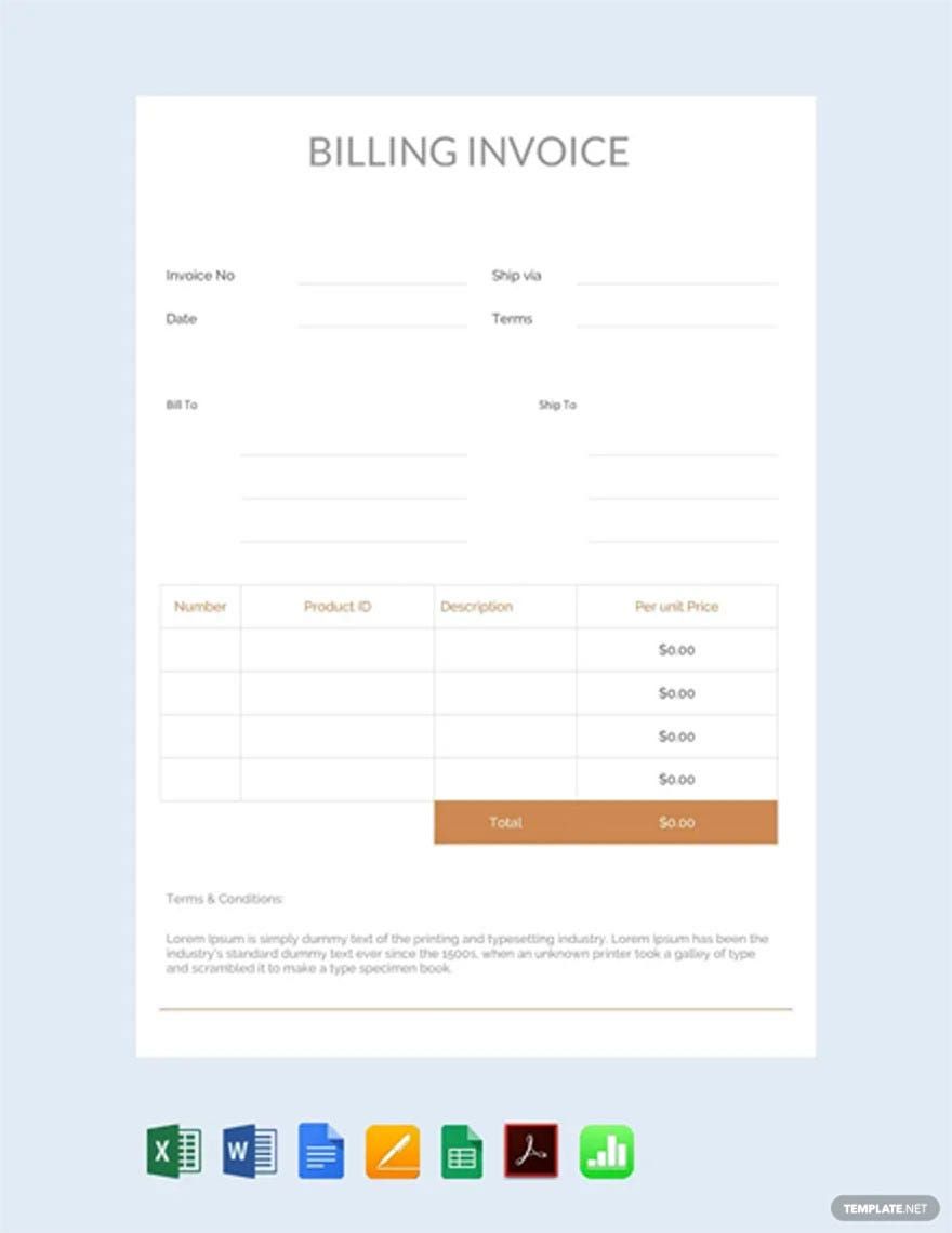 Editable Billing Invoice Template in Google Sheets, Google Docs, Excel, Word, Apple Numbers, Pages, PDF - Download | Template.net