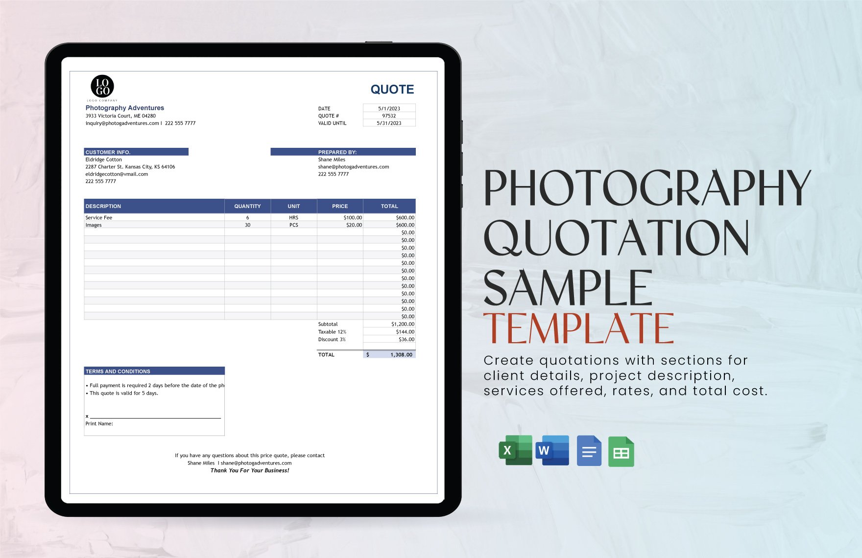 Photography Quotation Sample Template in Word, Google Docs, Excel, Google Sheets