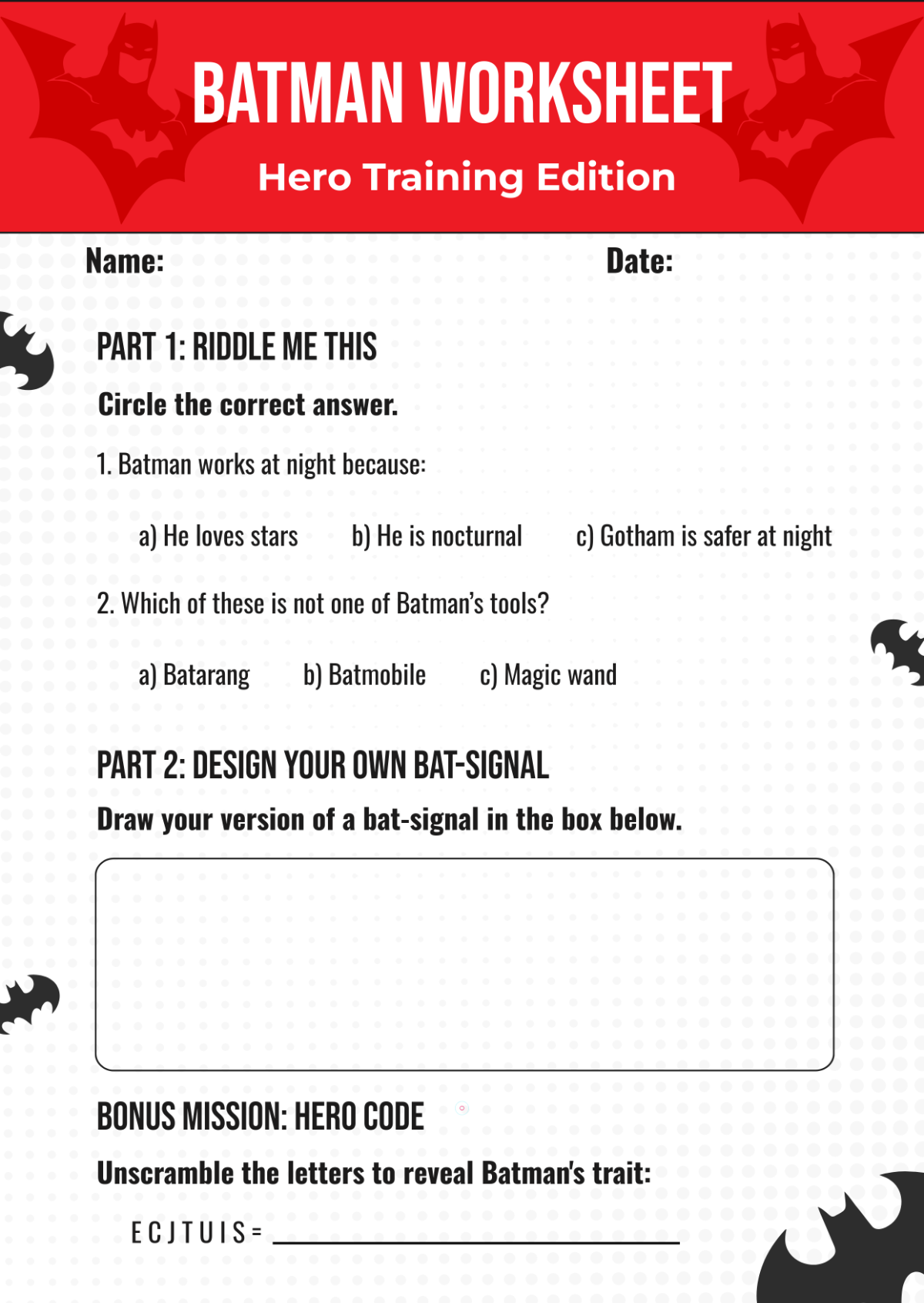 Batman Worksheet Template
