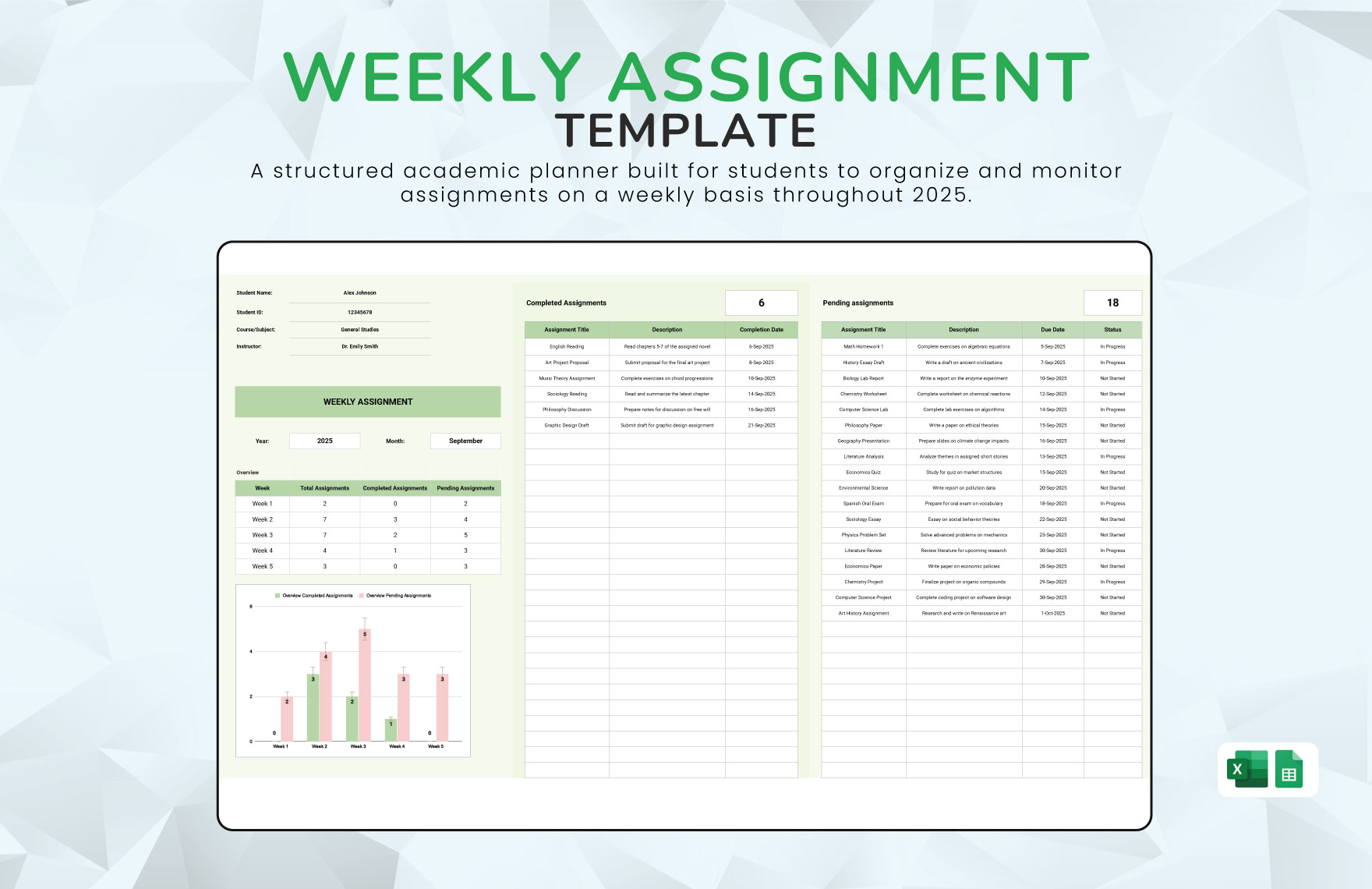 Weekly Assignment Template in Excel, Google Sheets to Download