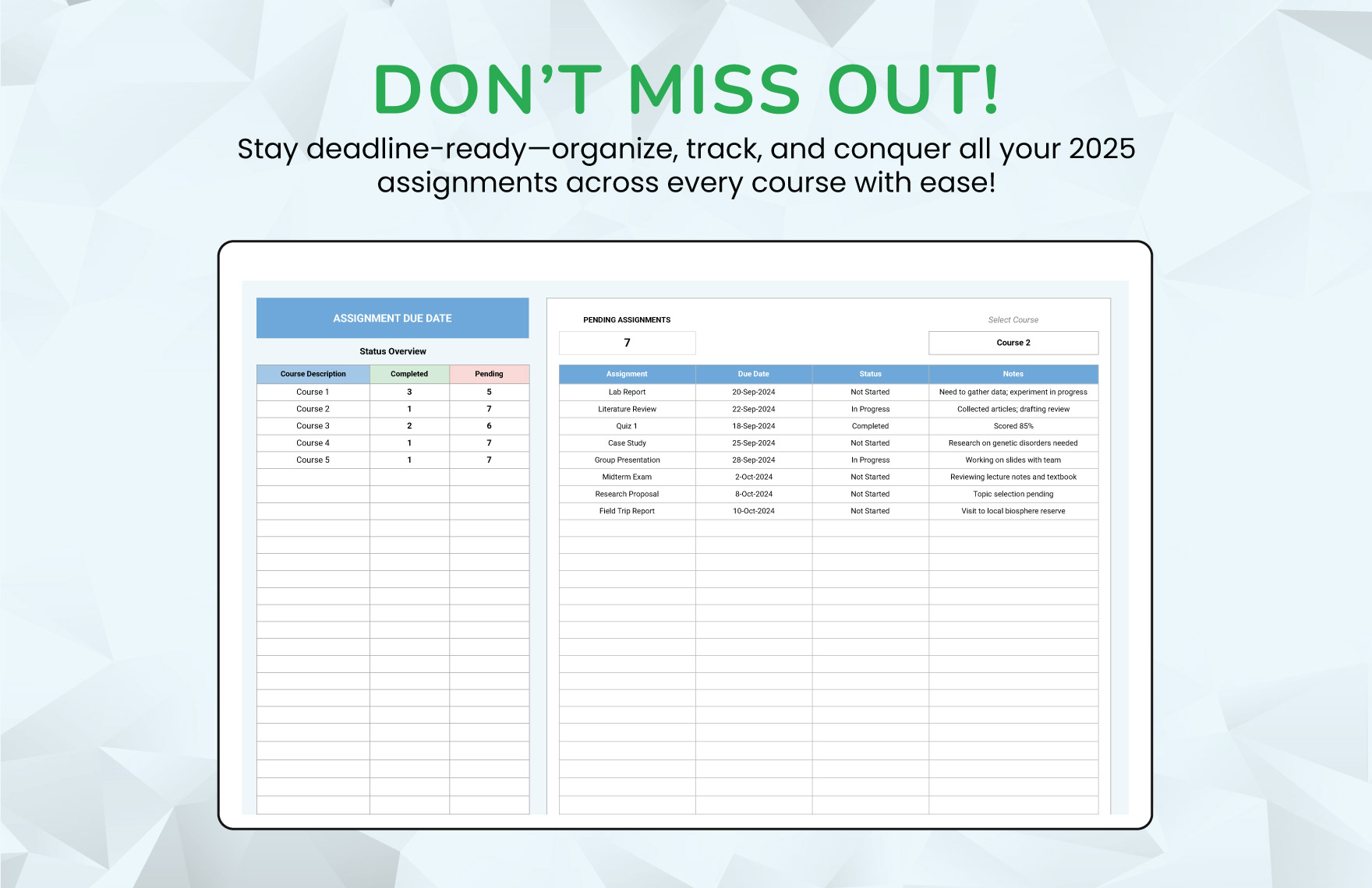 Assignment Due Date Template