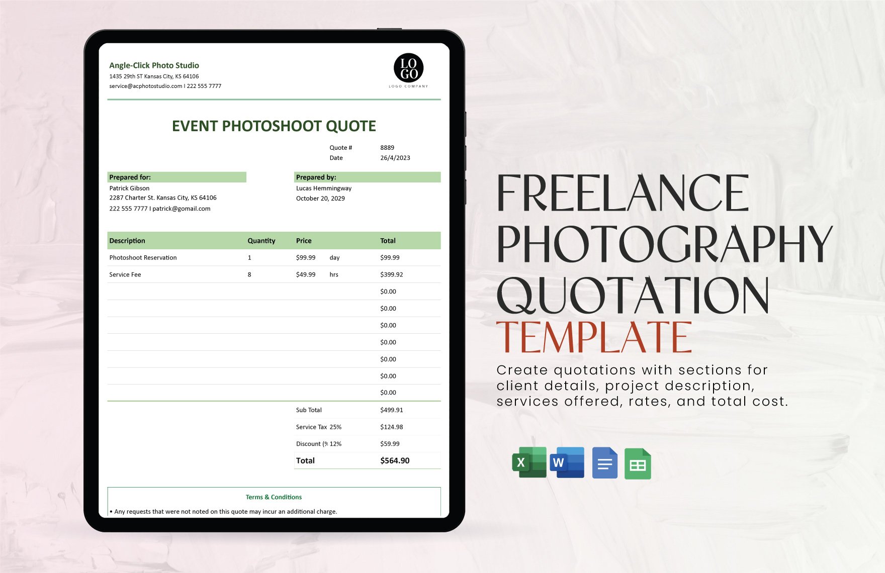 Freelance Photography Quotation Template in Word, Google Docs, Excel, Google Sheets