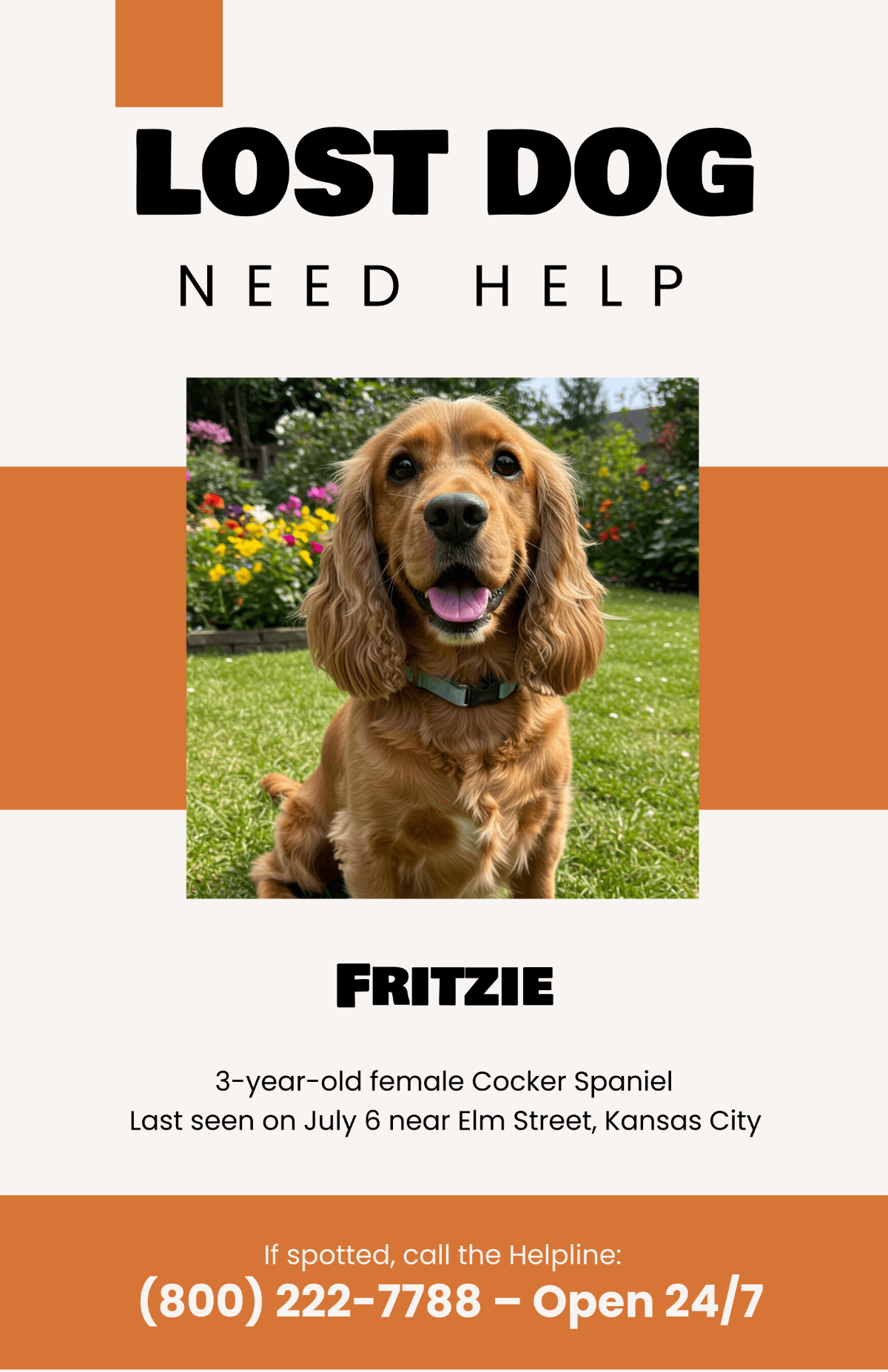 Free Lost Dog Poster with Helpline Info Template