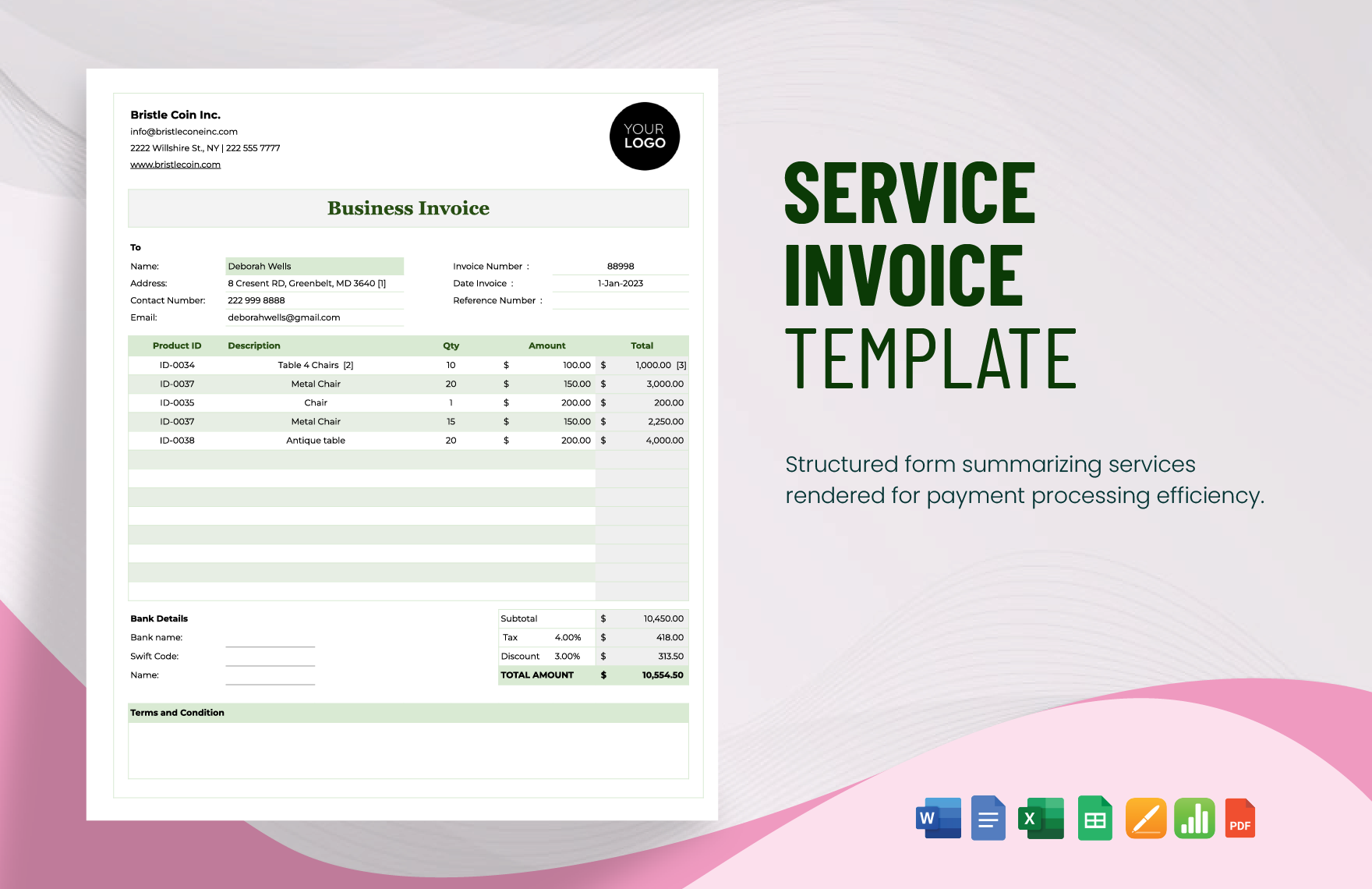 Business Invoice Template in Word, Google Docs, Excel, PDF, Google Sheets, PSD, Apple Pages, Apple Numbers