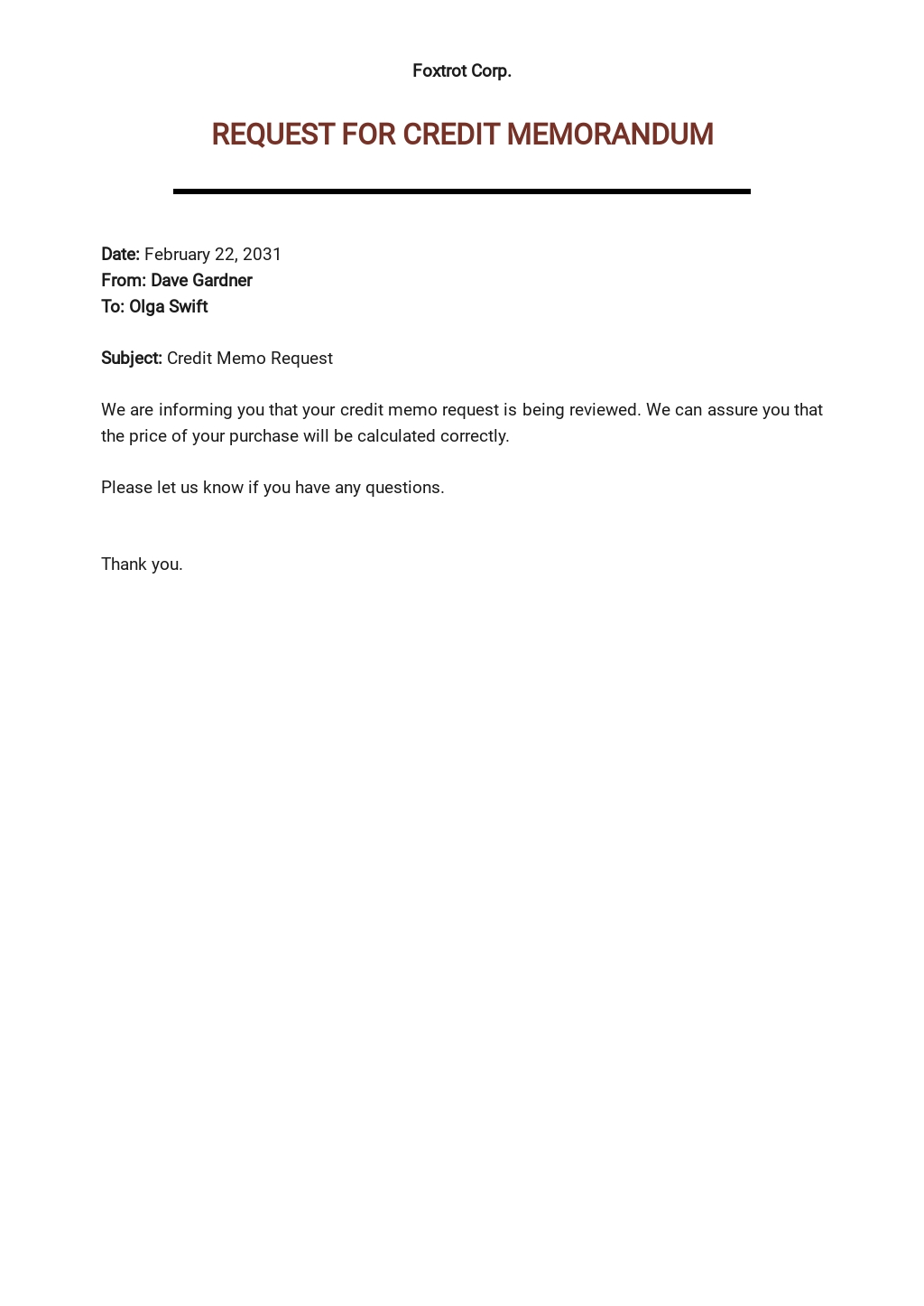 Credit Memo Letter Sample