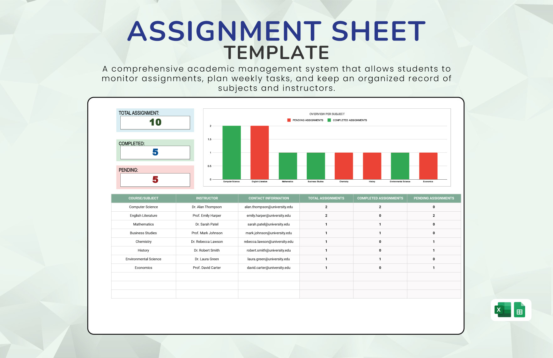 Assignment Sheet Template in Excel, Google Sheets to Download