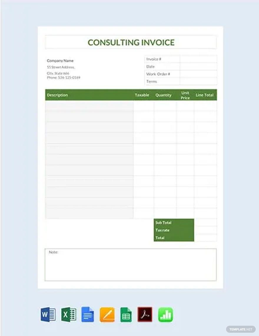 Blank Consulting Invoice Template in Word, Google Docs, Excel, PDF, Google Sheets, Apple Pages, Apple Numbers