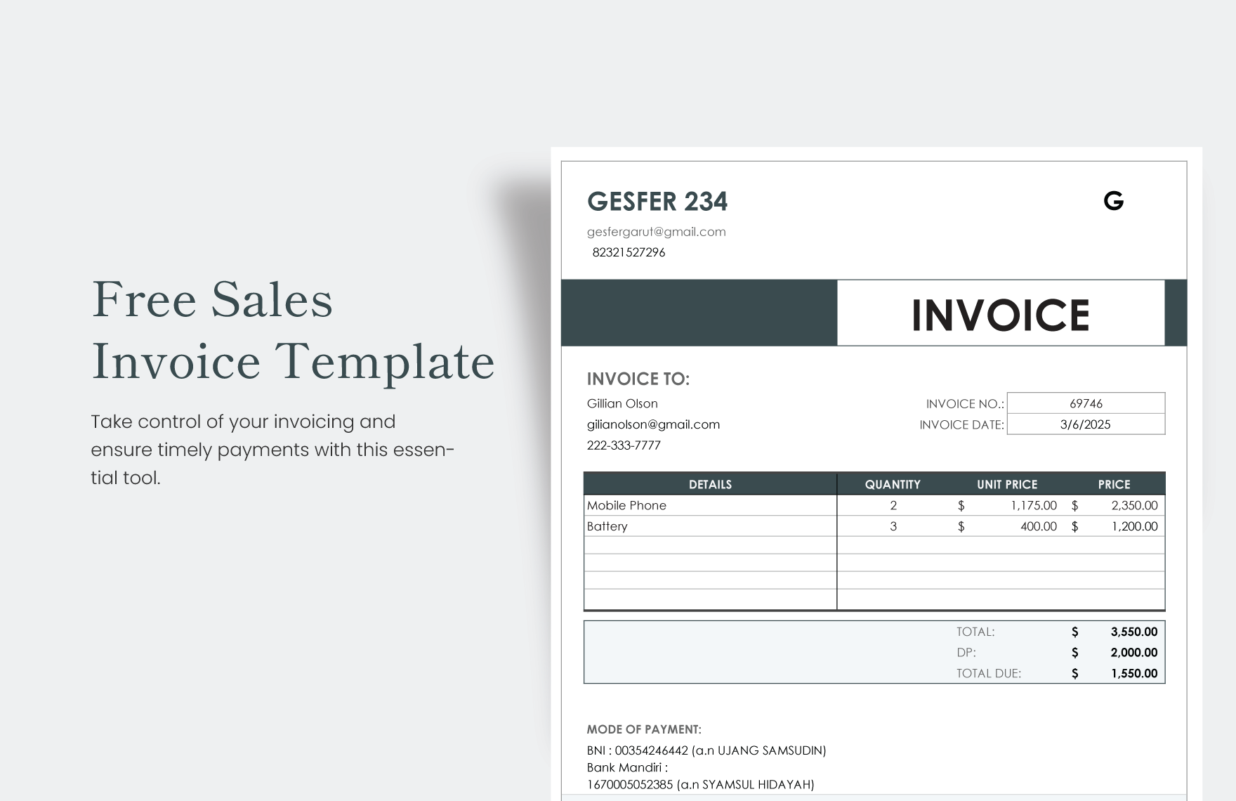 Free Sales Invoice Template - Download in Word, Google Docs, Excel ...