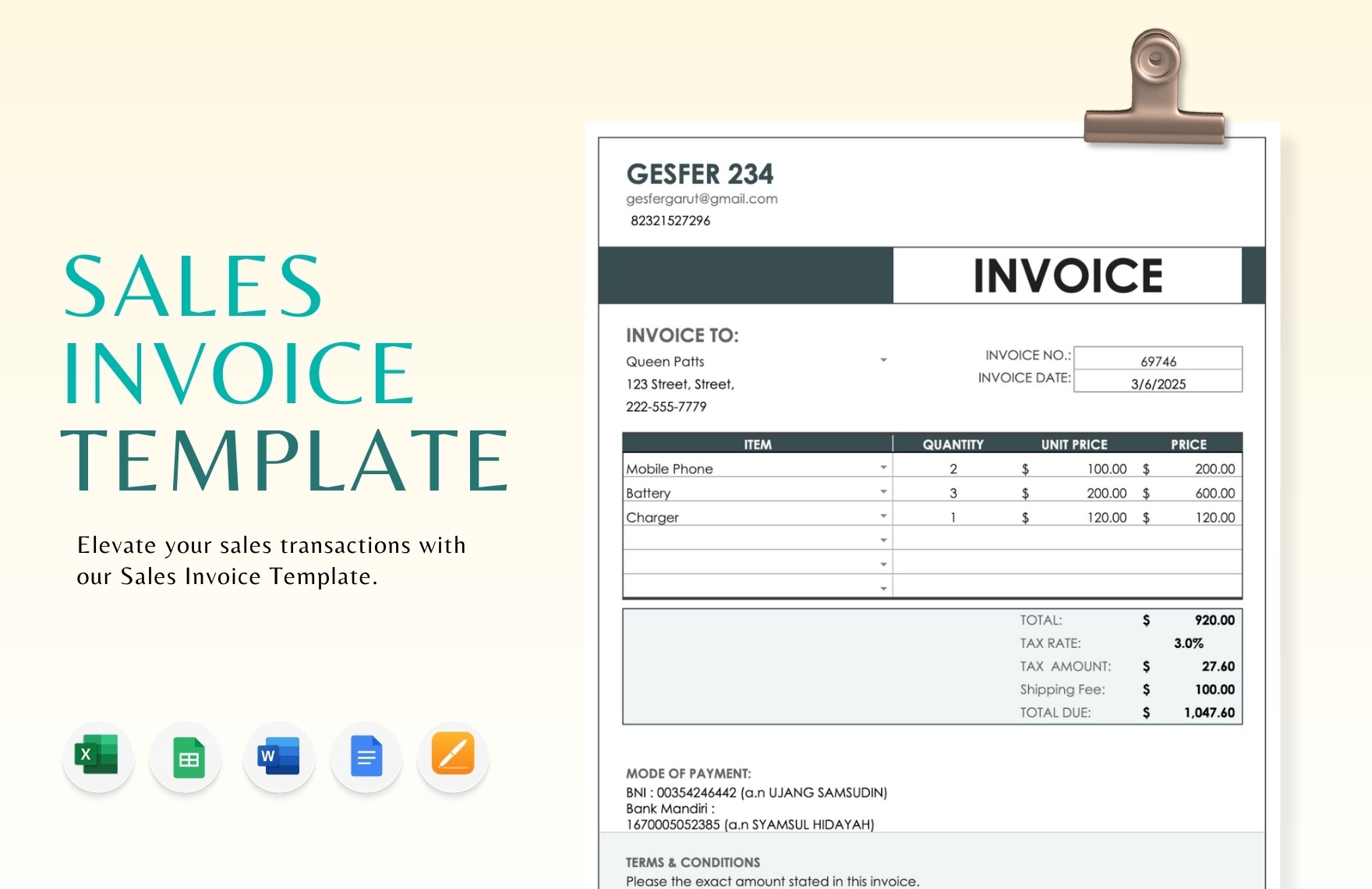 Sales Invoice Template - Download in Word, Google Docs, Excel, Google ...