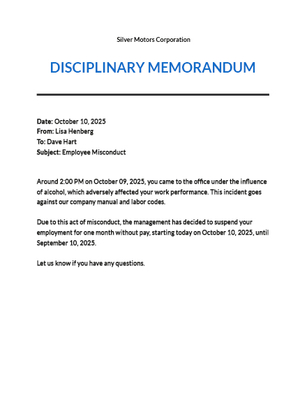 Free Sample Employee Disciplinary Memo Template - Word | Template.net