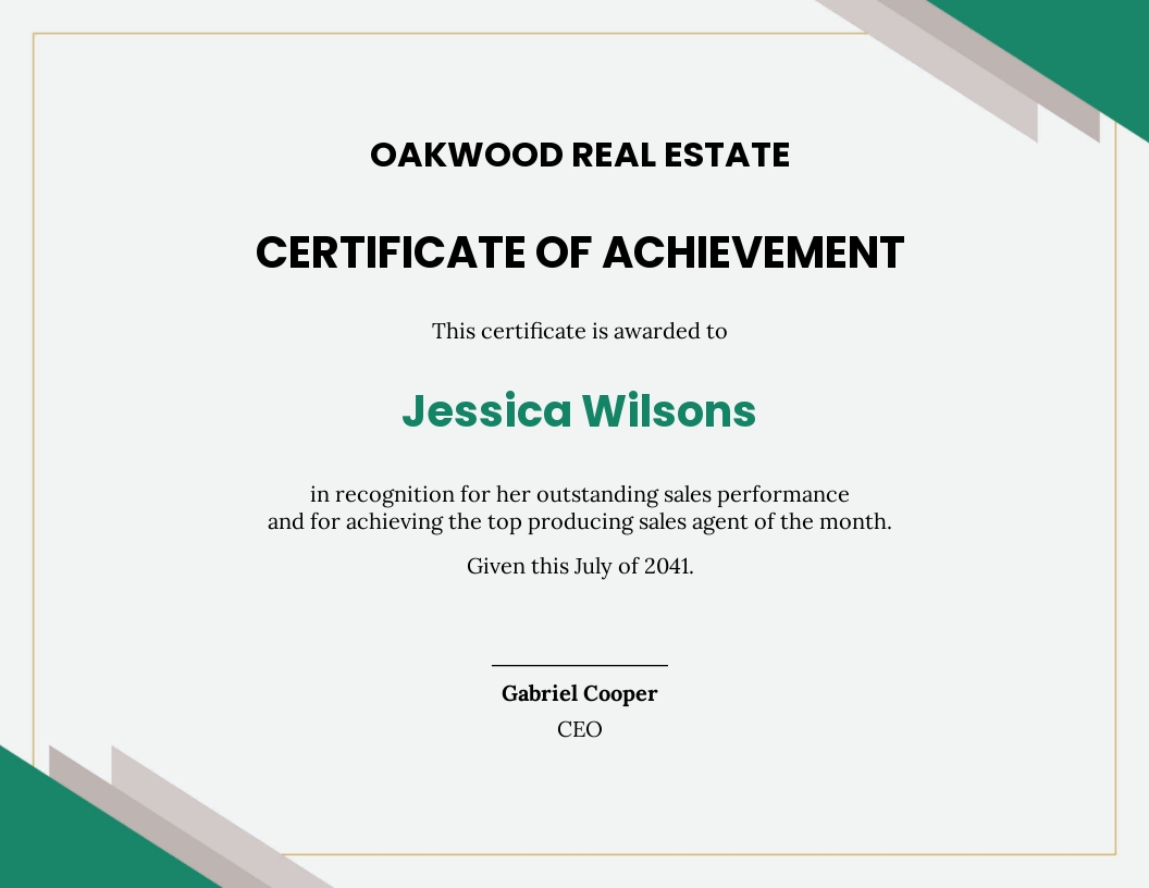 achievement real estate certificate Template - Word
