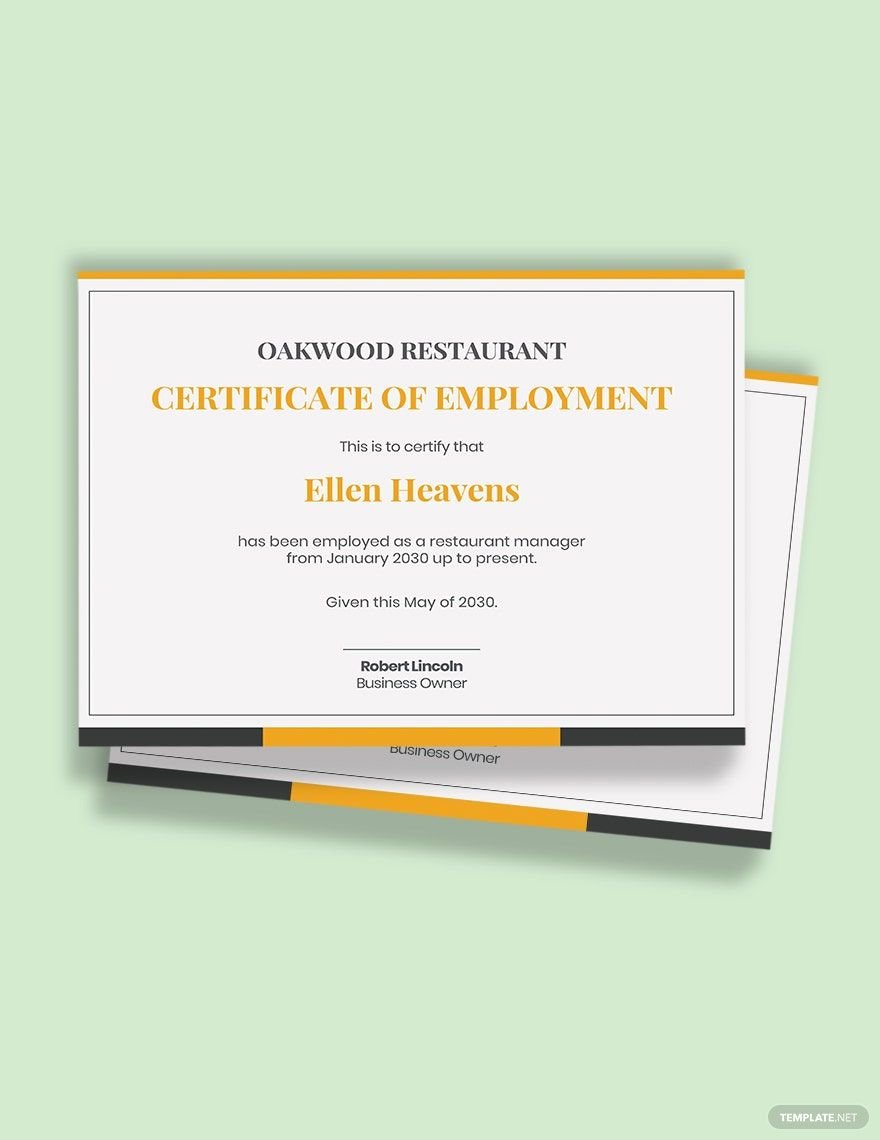 restaurant employment certificate Template