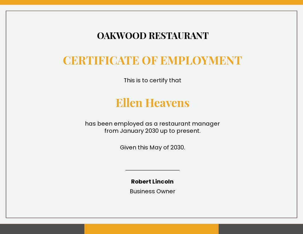 restaurant employment certificate Template - Word  Template.net