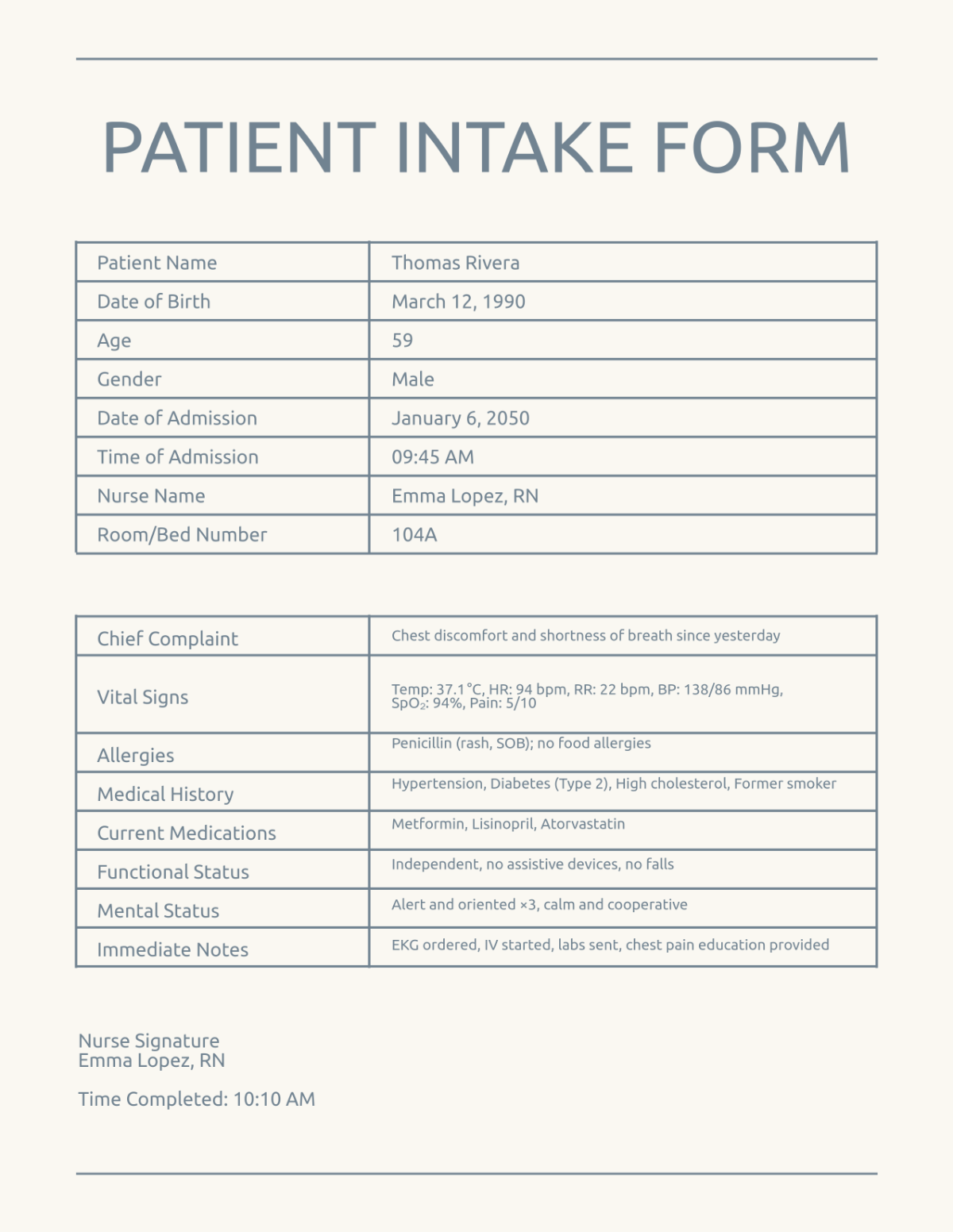 Free Patient Intake Form for Nurse Template