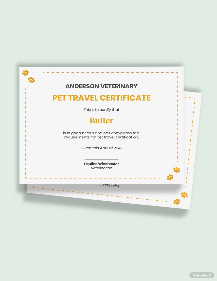 Pet travel certificate Template