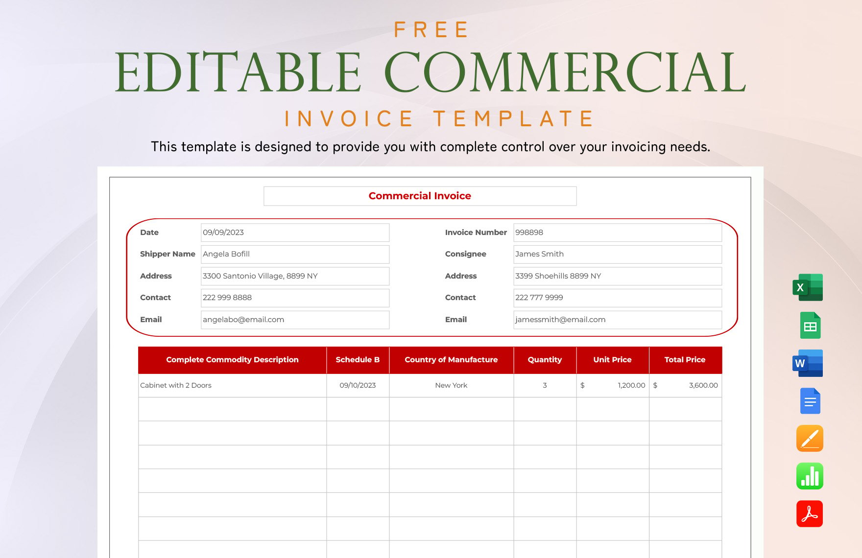 Editable Commercial Invoice Template in Word, Excel, PDF, Google Sheets, Apple Pages, Apple Numbers