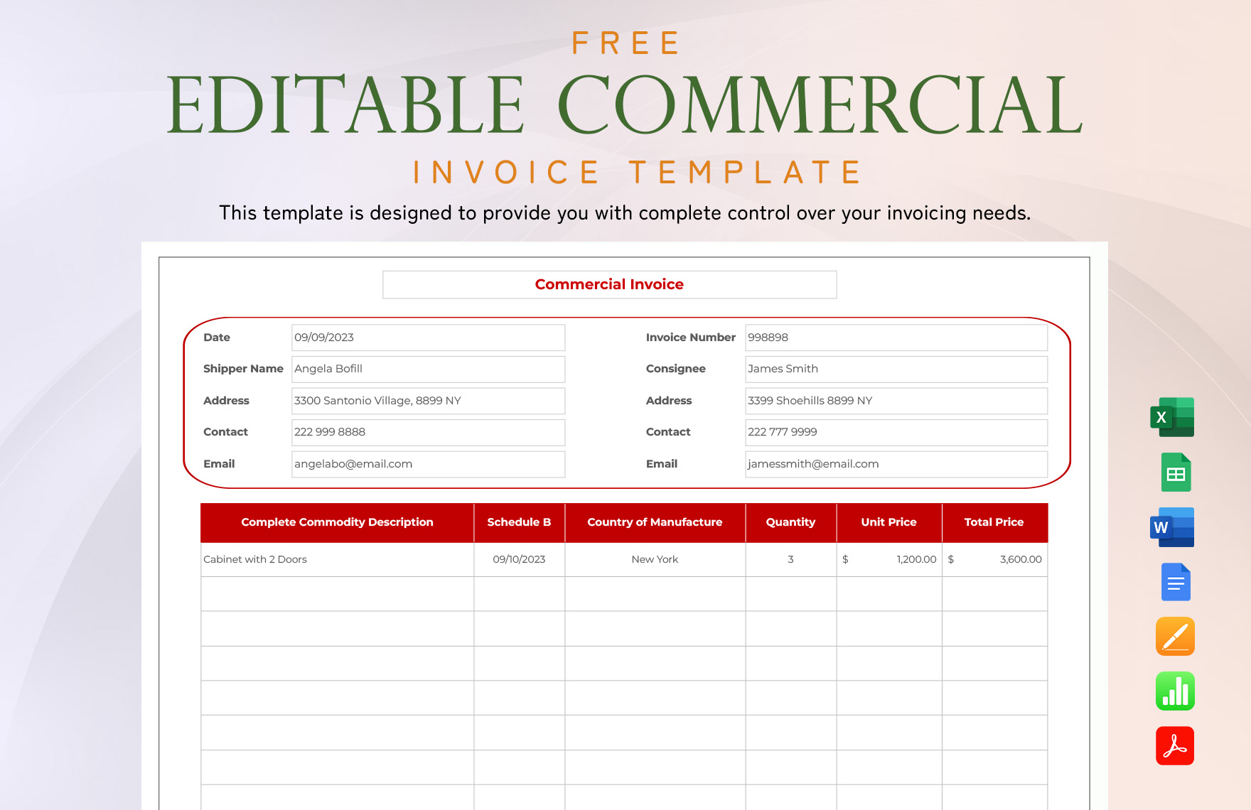 Editable Commercial Invoice Template in Word, Apple Numbers, PDF, Pages, Excel, Google Sheets - Download | Template.net