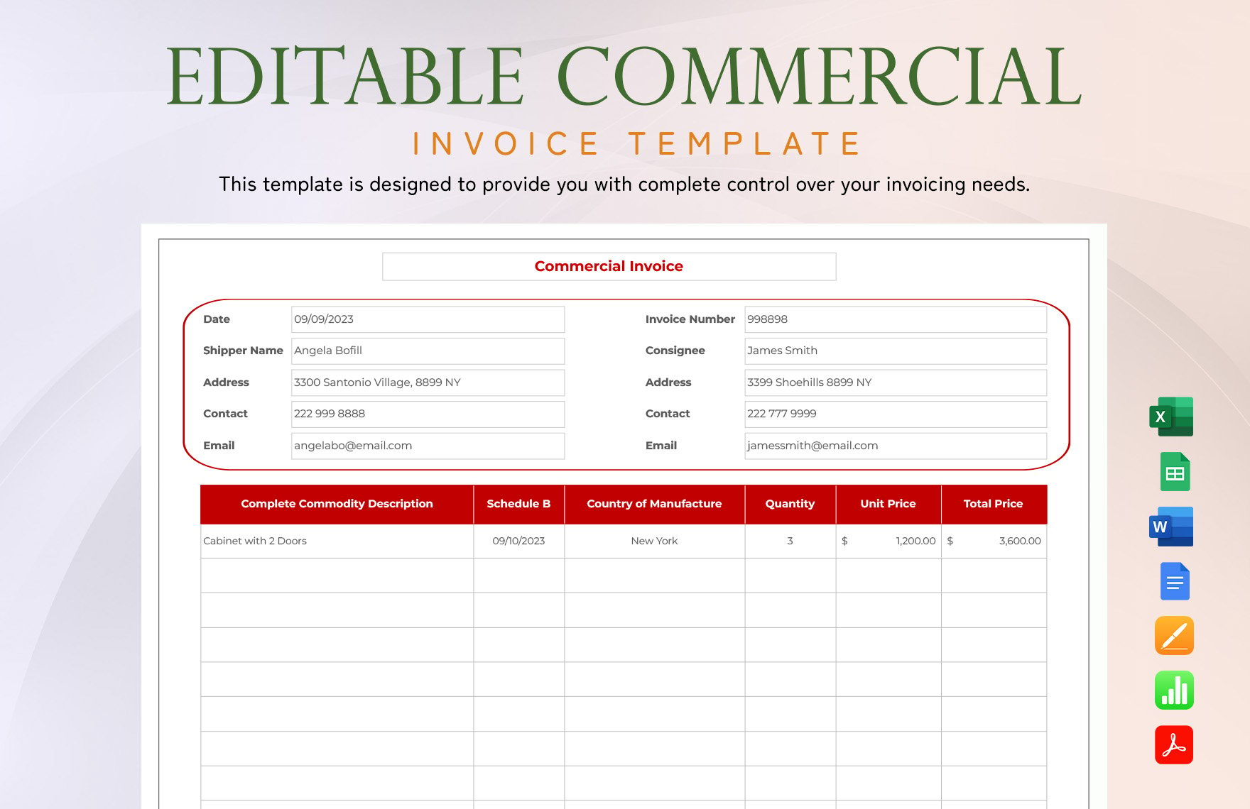 Free Editable Commercial Invoice Template in Word, Excel, PDF, Google Sheets, Apple Pages, Apple Numbers