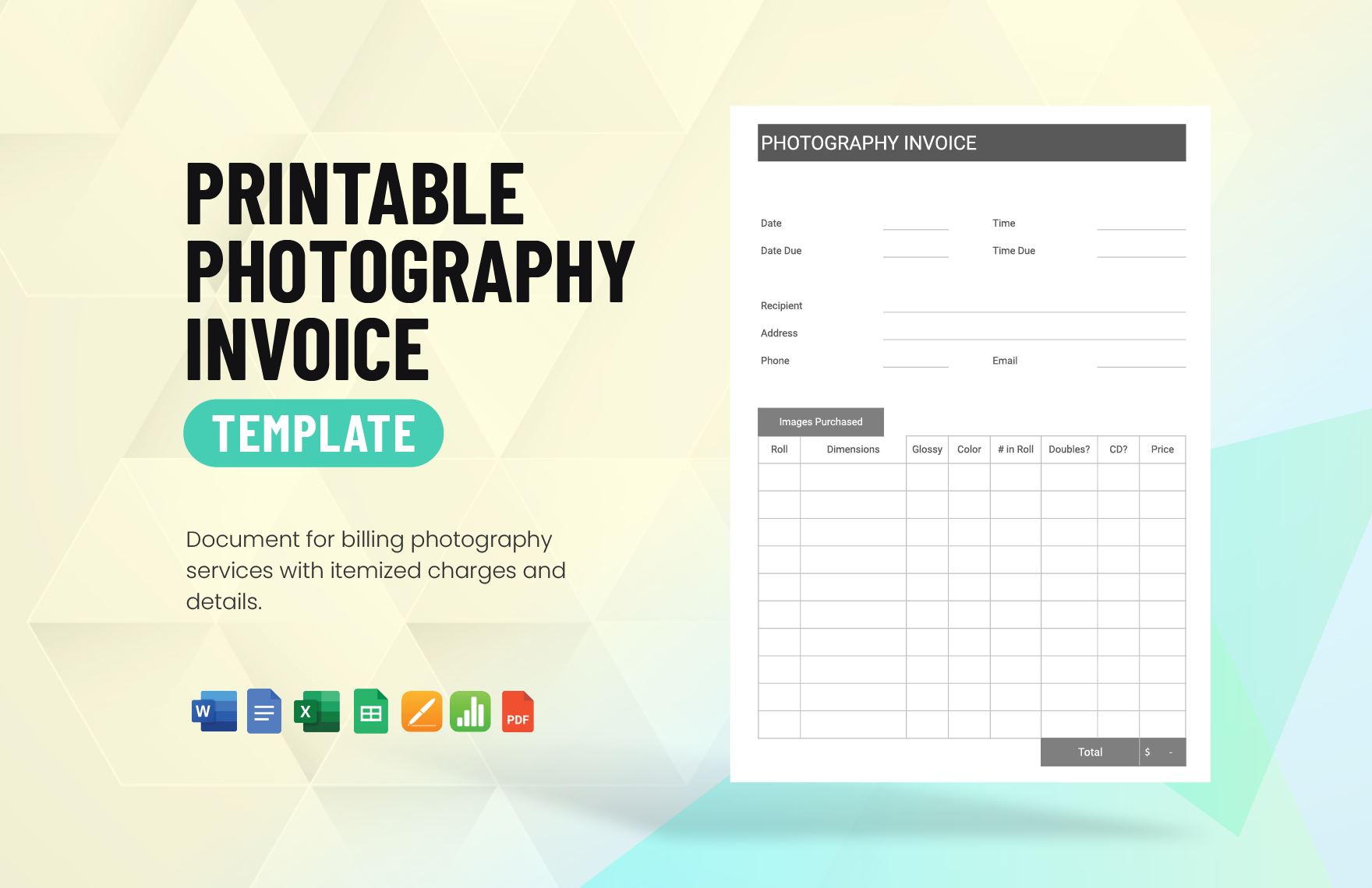 Printable Photography Invoice Template in Word, Google Docs, Excel, PDF, Google Sheets, Apple Pages, Apple Numbers