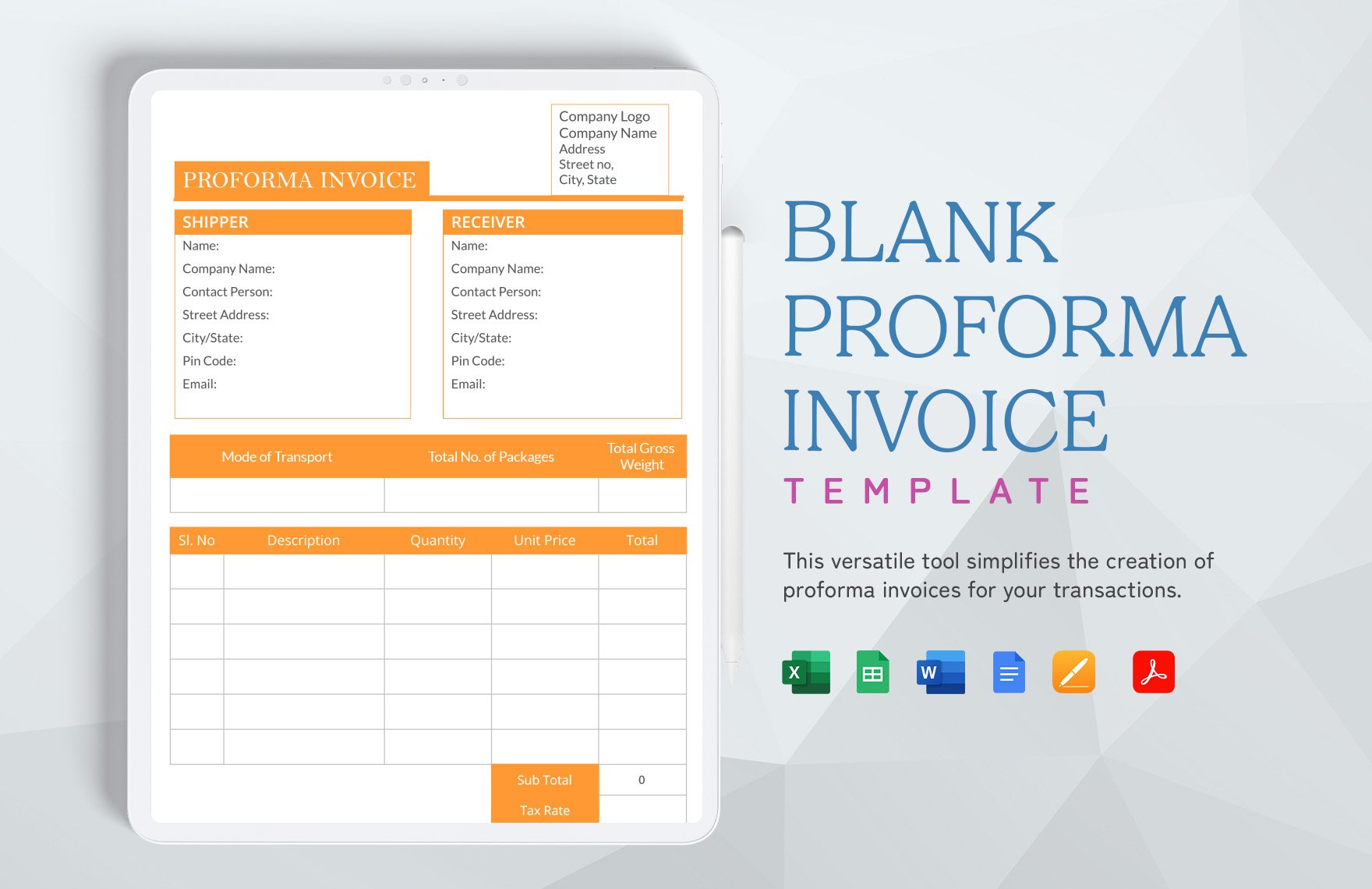 Blank Proforma Invoice Template in Word, Google Docs, Excel, PDF, Google Sheets, Apple Pages