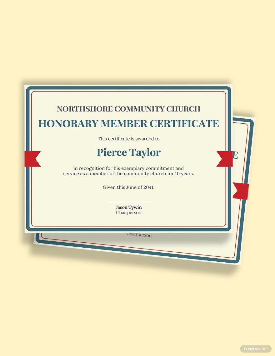 Free honorary church member certificate Template