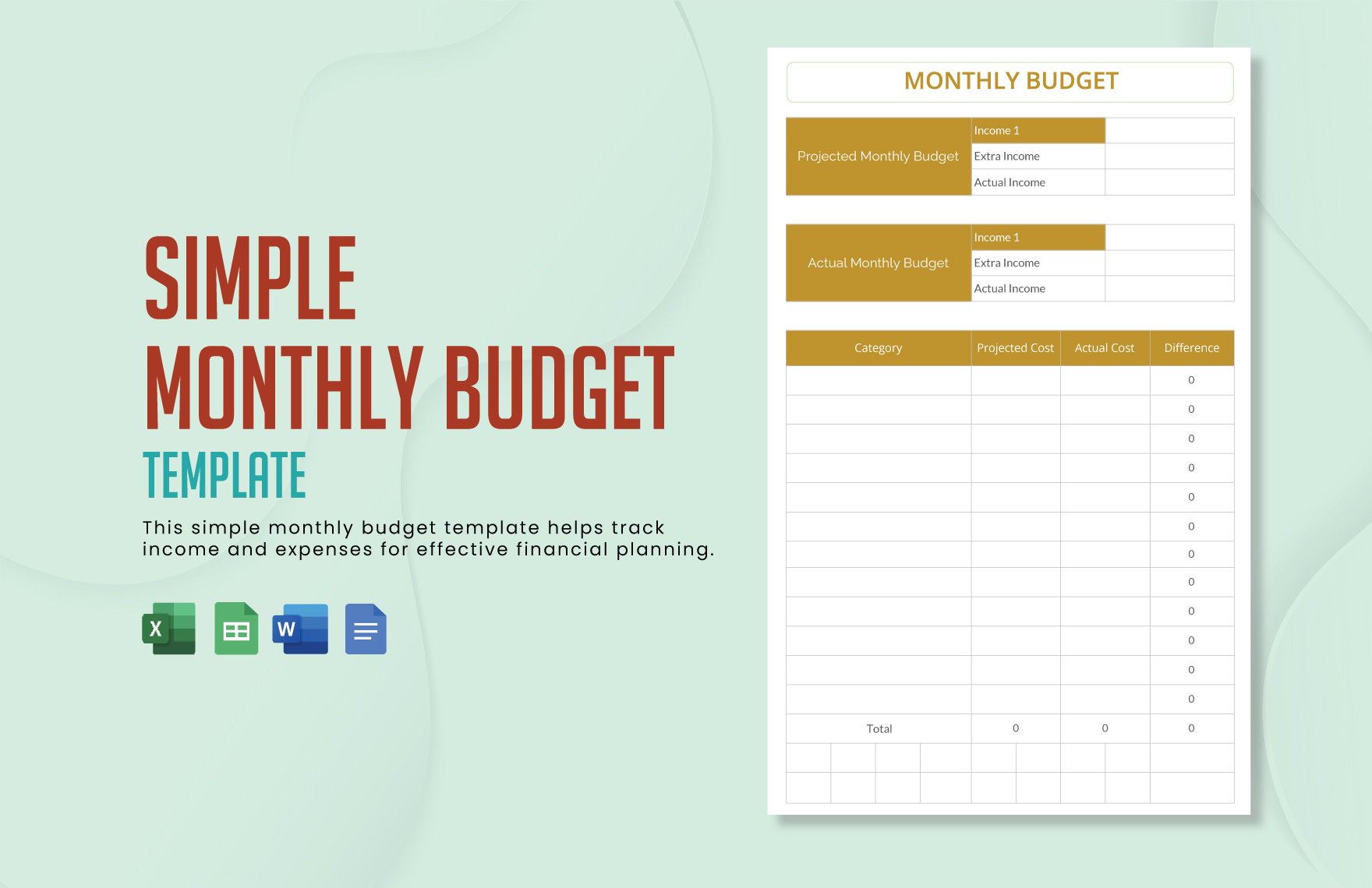 Simple Monthly Budget Template in Word, Google Docs, Excel, Google Sheets