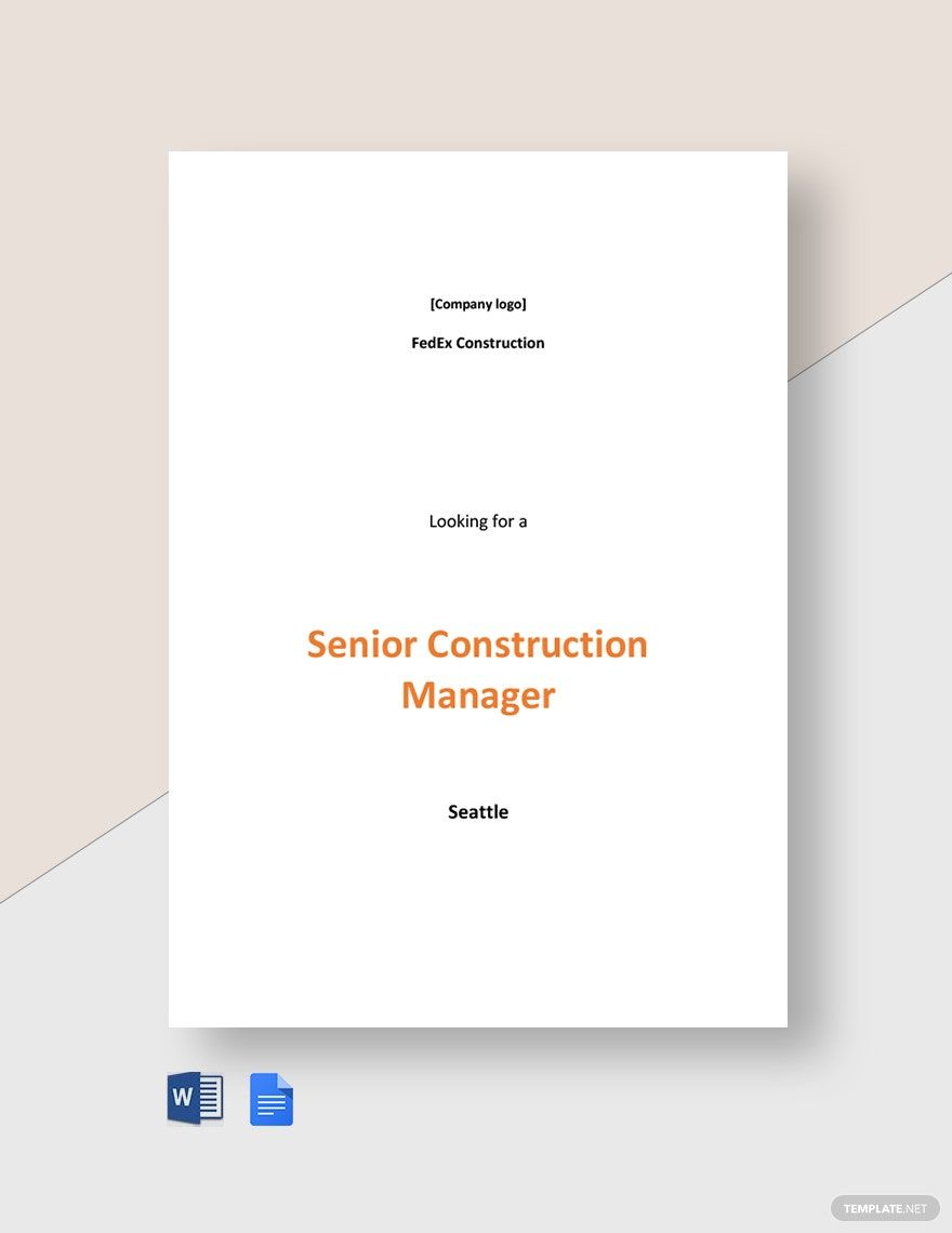 Senior Construction Manager Job Ad and Description Template in Word, Google Docs