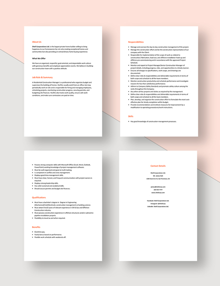Residential Construction Manager Job Ad And Description Word Google Doc