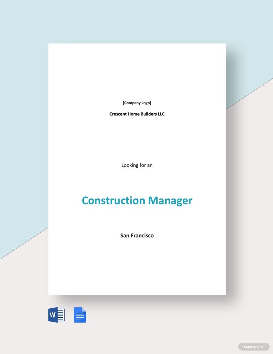 Sample Construction Manager Job Ad and Description Template in Google