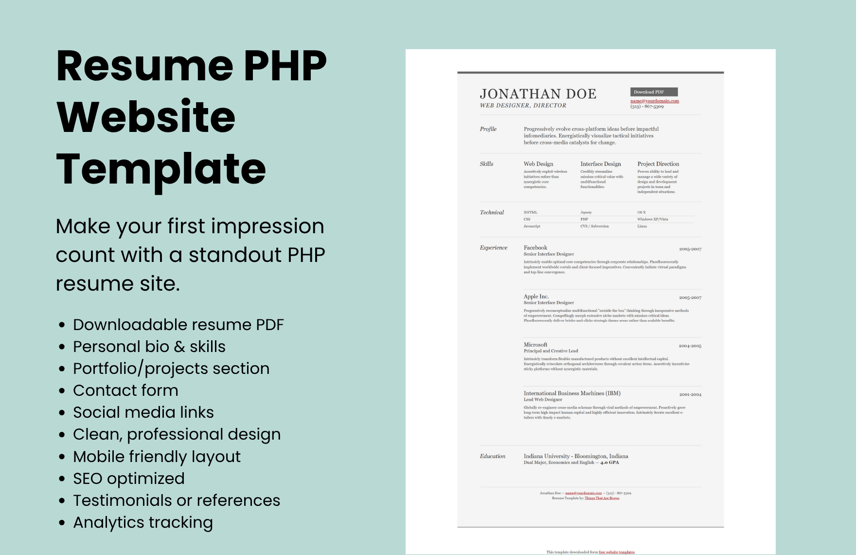 Free Resume PHP Website Template in PHP to Download